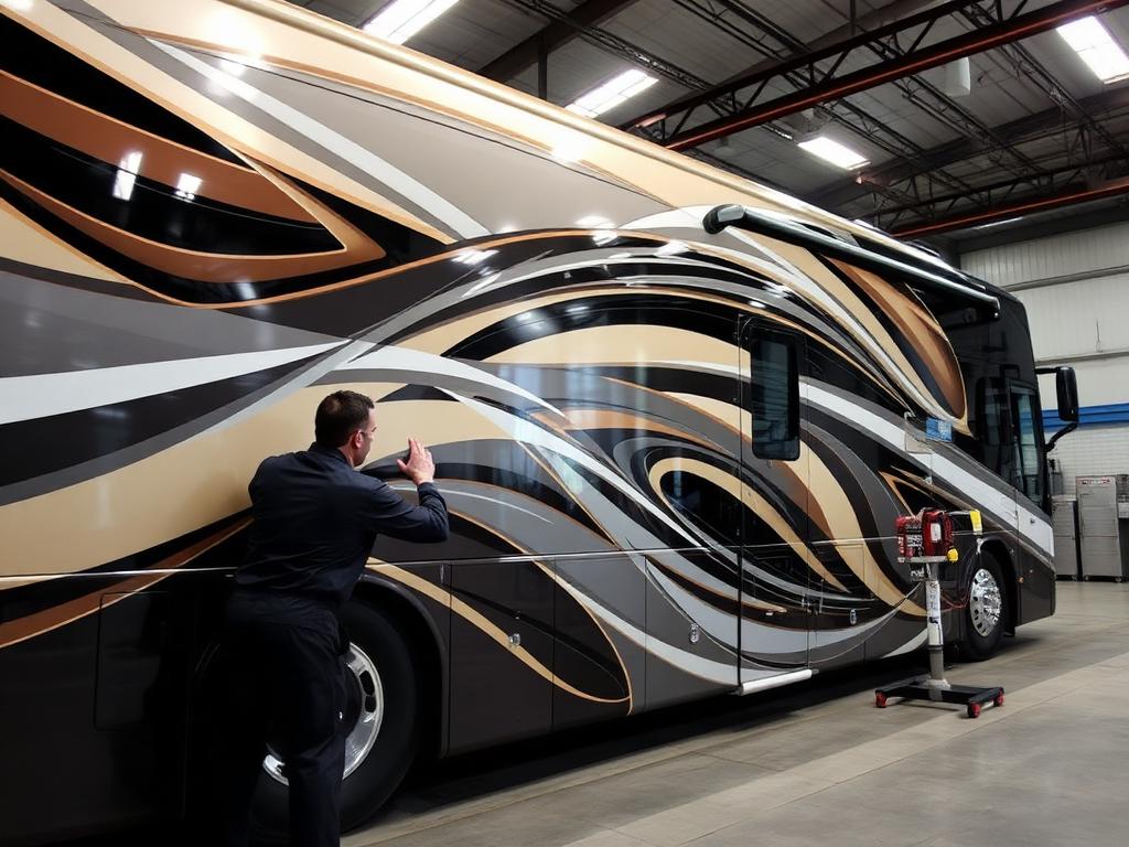 Close-up of a multicolor motorcoach finish being worked on in the shop.