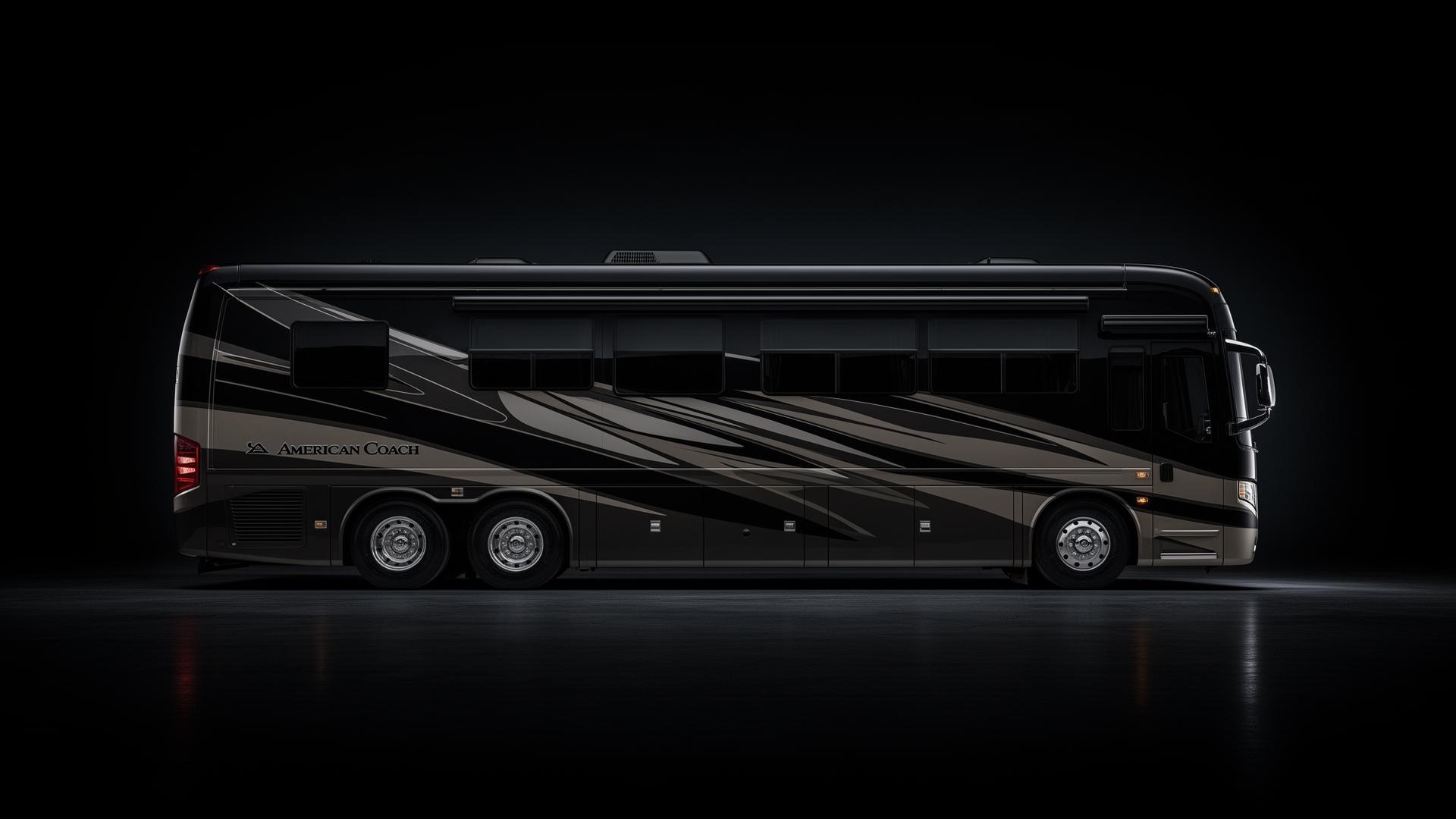 A Class A motorcoach photographed in profile.
